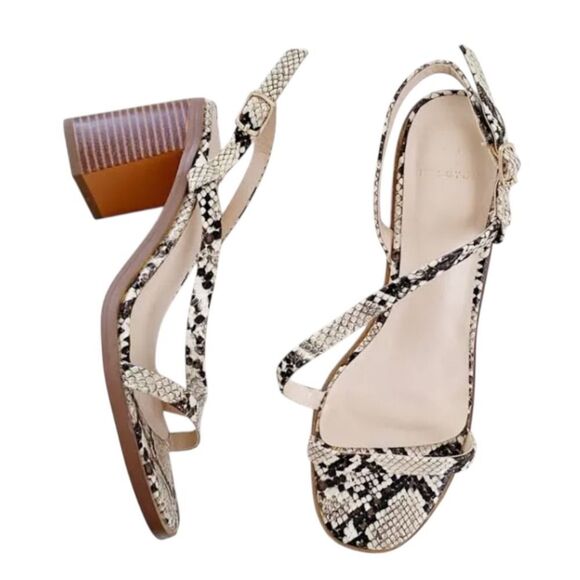 Halston Heritage Snakeskin Block Heel Sandals Ankle Strap Open Toe Size 10 - Picture 1 of 7
